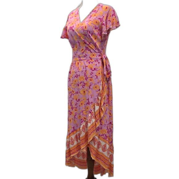ZESICA Pink & Orange Floral Bohemian Wrap V-Neck Ruffle Flowy Midi Dress Size S - Picture 4 of 11